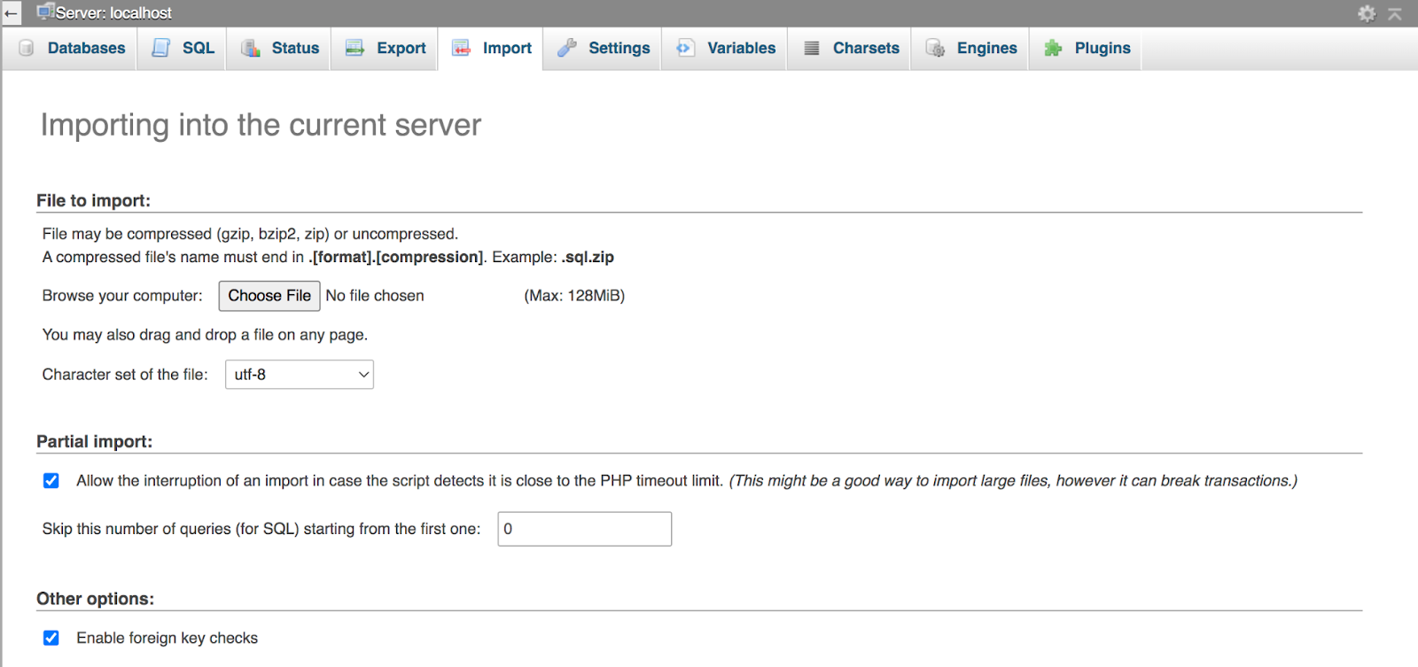 importazione di un file di database