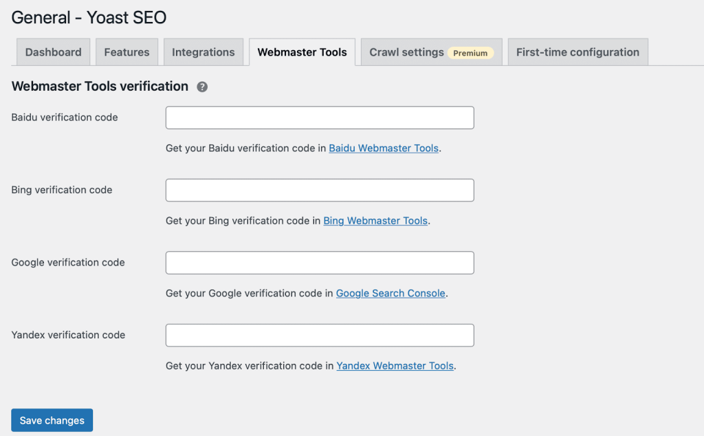 Registerkarte Webmaster-Tools