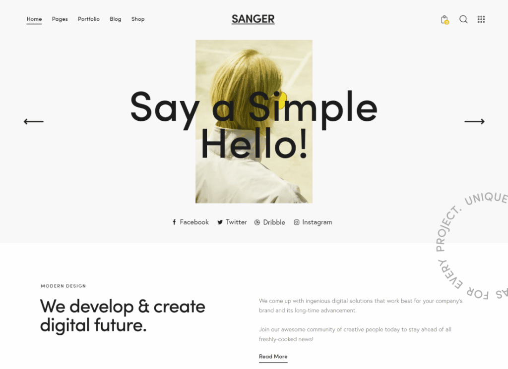 Sanger | Portfolio personnel pour les créatifs Thème WordPress