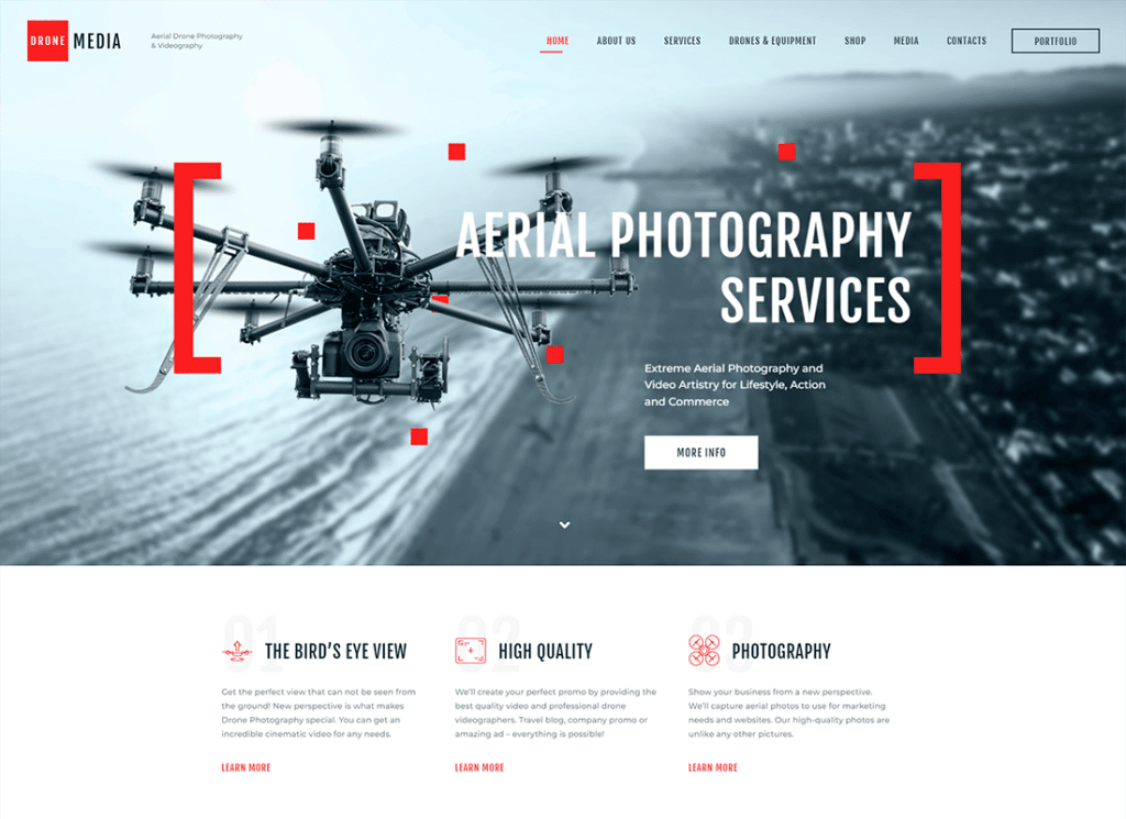 Drone Media - Tema de WordPress para fotografía aérea y videografía