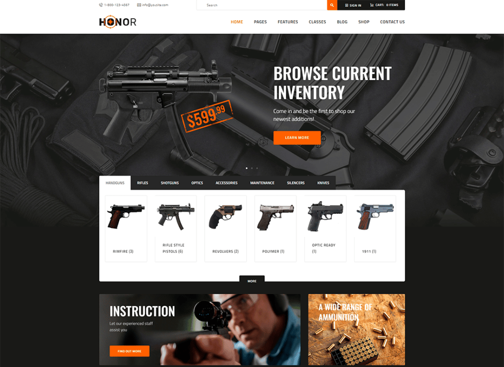 Honor - Thème WordPress pour club de tir polyvalent et magasin d'armes