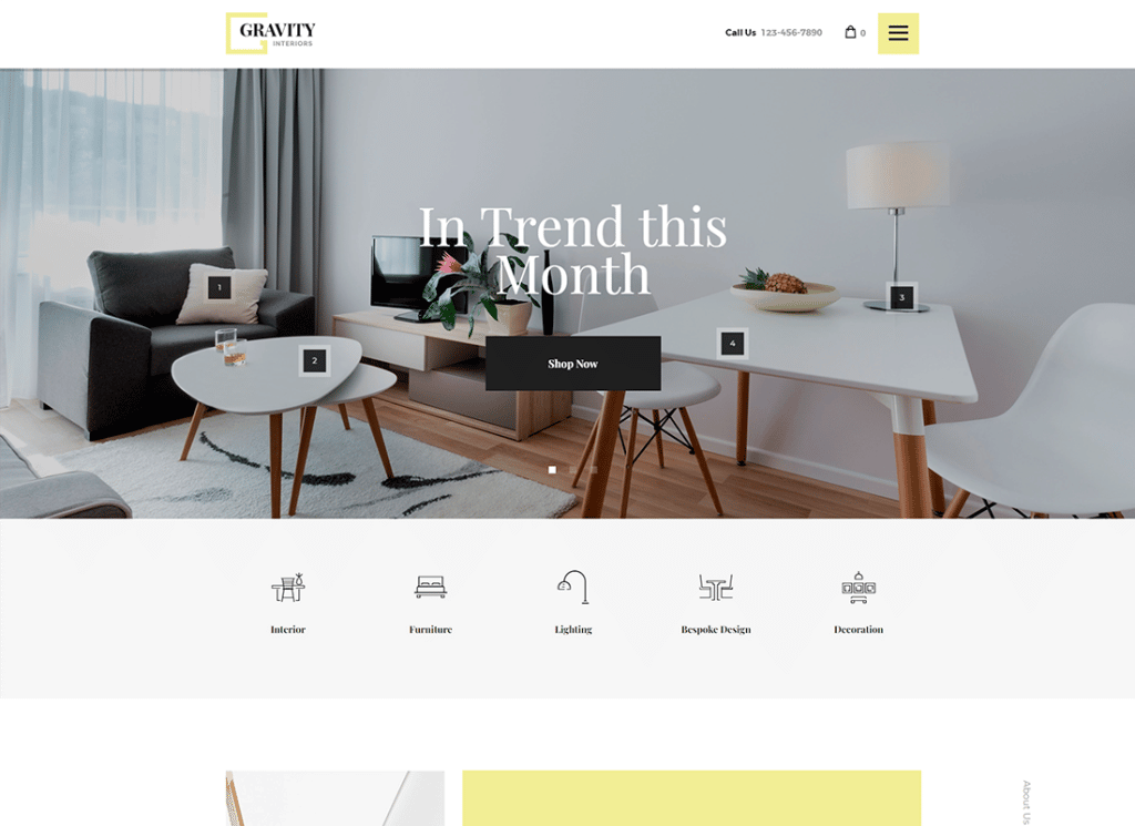 Gravity — тема WordPress для современного дизайна интерьера и магазина мебели