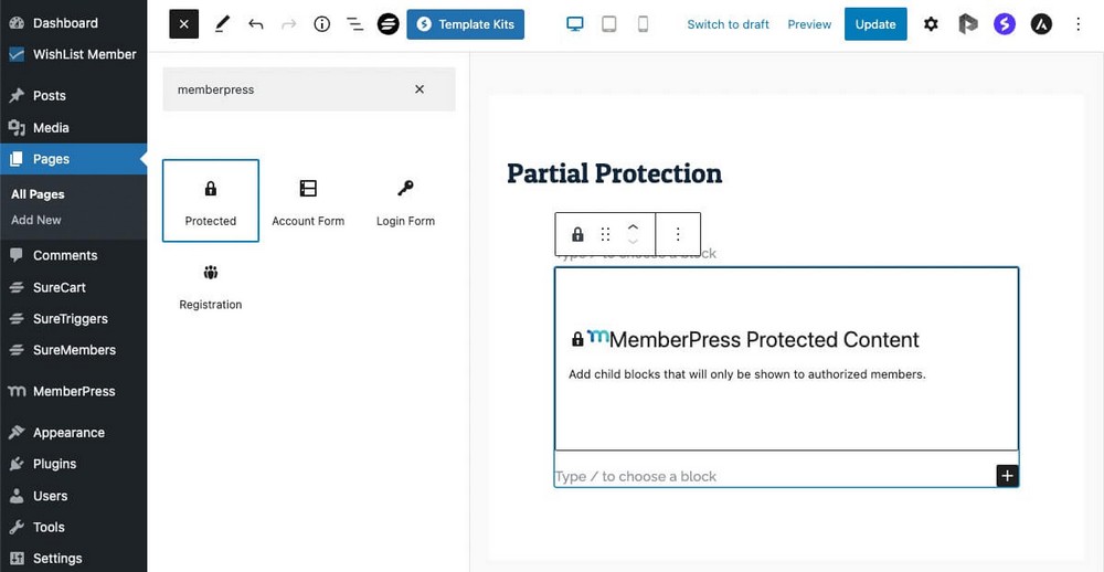 Protection partielle MemberPress