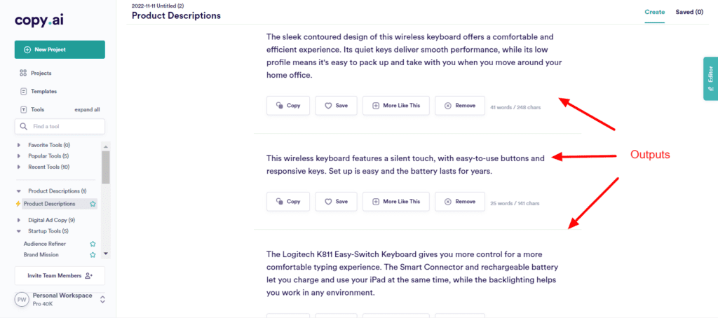 CopyAI Producto Descripción Salidas