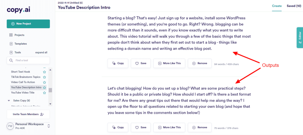 Salidas de descripción de video de YouTube de CopyAI