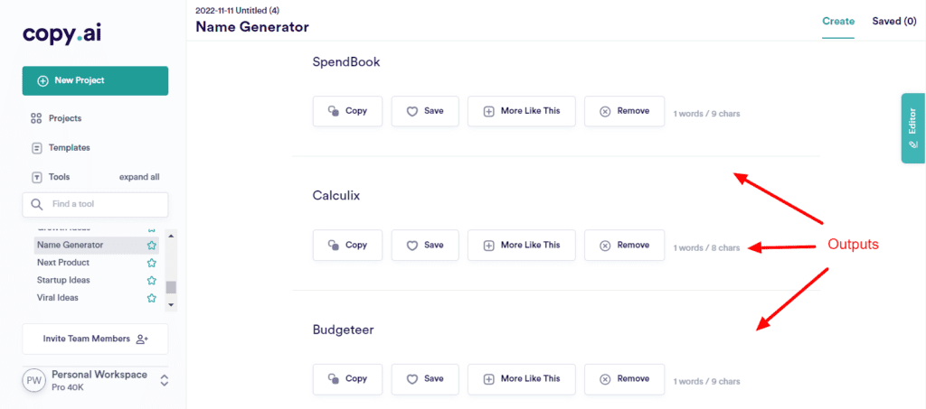 CopyAI Name Generator の出力