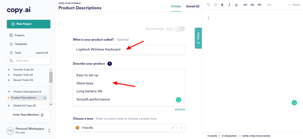 CopyAI Product Description Input