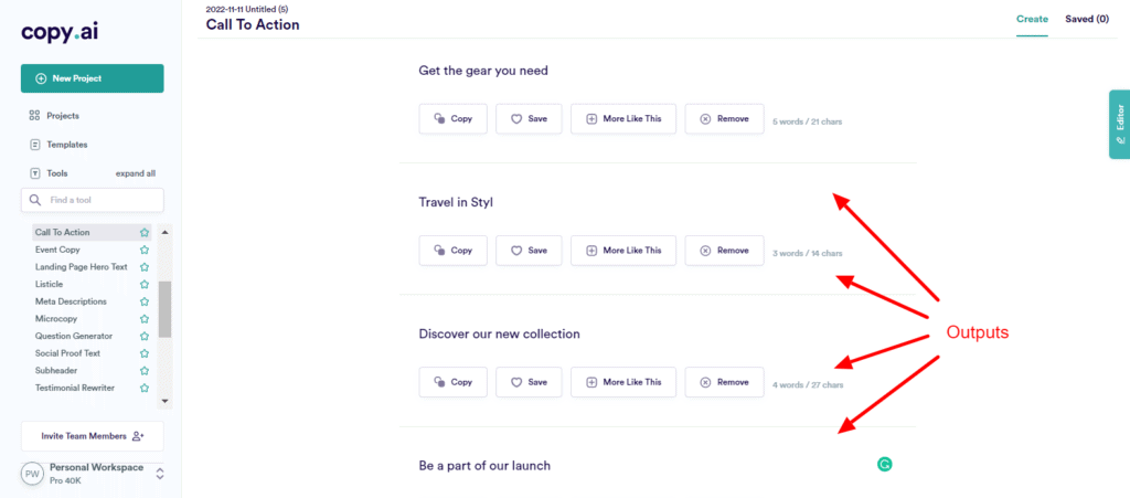 CopyAI Call to Action ผลลัพธ์