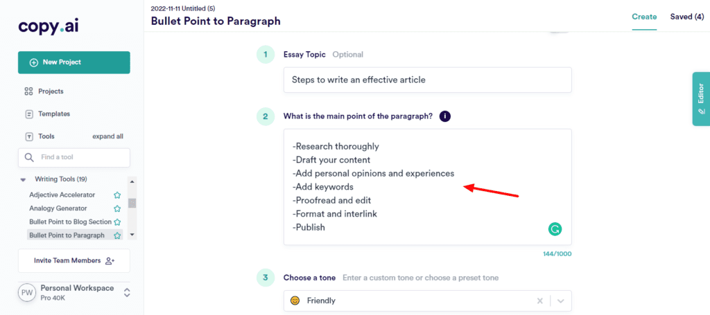 CopyAI Da punto elenco a paragrafo