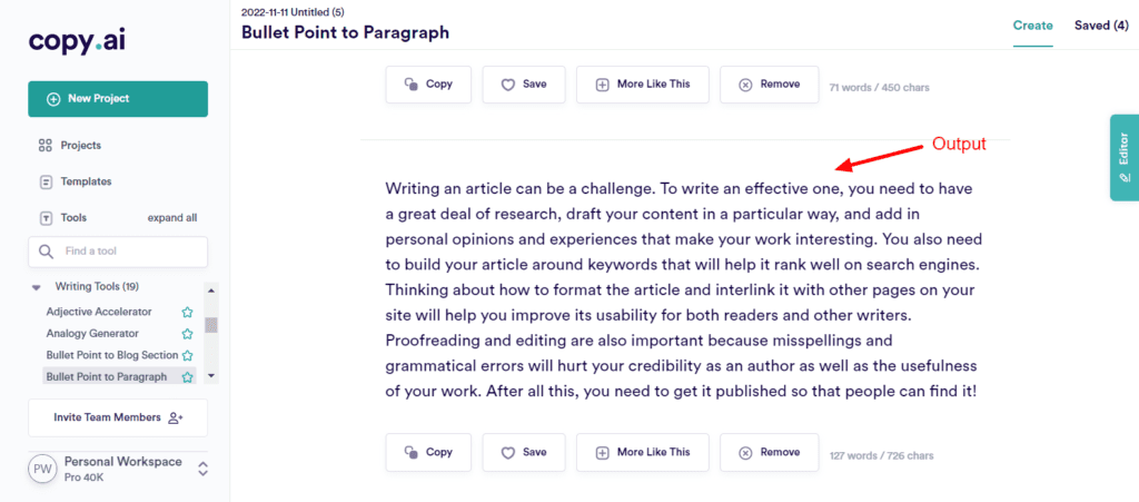 CopyAI Bullet Point to Paragraph Output
