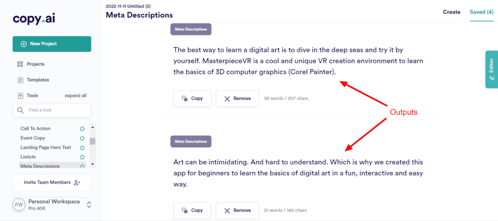 CopyAI Meta descrizioni Output