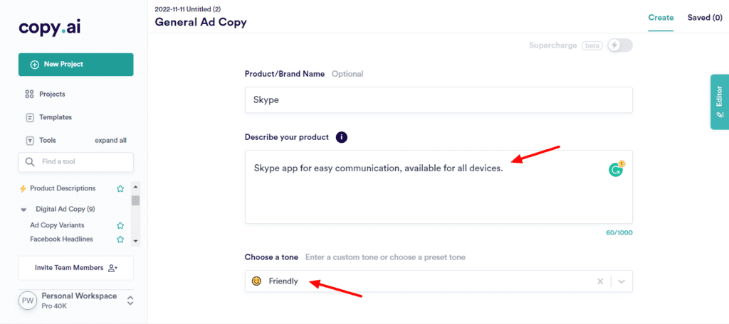 CopyAI General Ad Copy Input