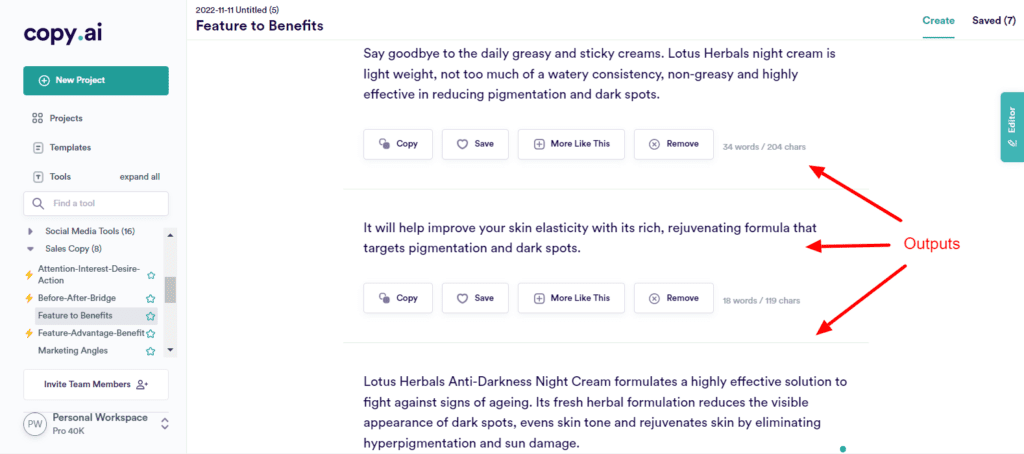 Funzionalità di CopyAI in output di vantaggi