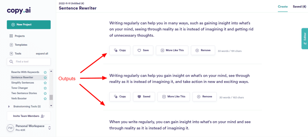 Output di riscrittura di frasi CopyAI