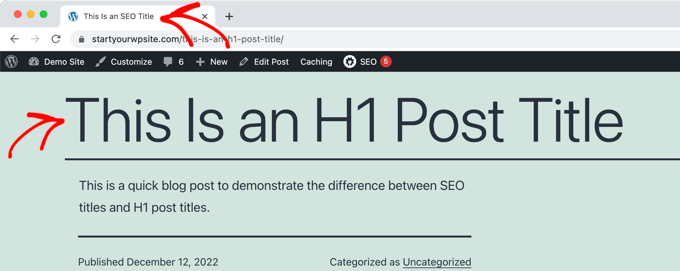 ตัวอย่างชื่อ H1 ในโพสต์และชื่อ SEO ในแท็บเบราว์เซอร์