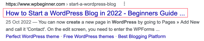 検索エンジンの結果ページの SEO メタ タイトルの例