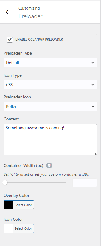 lansarea de actualizare OceanWP Northern Star include o nouă caracteristică numită preîncărcarea site-ului, care este o animație care este afișată pe front-end în timp ce conținutul site-ului dvs. se încarcă. Aceasta este o captură de ecran a setărilor OceanWP Preloader Customizer