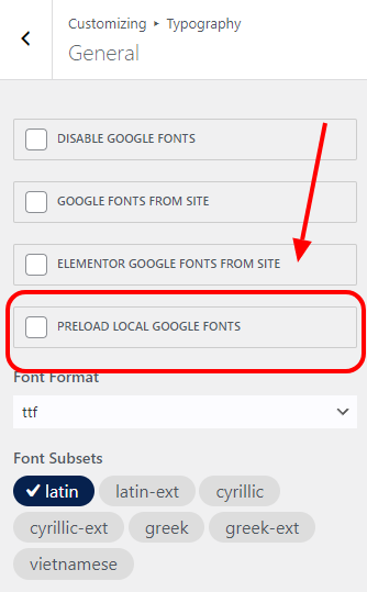 OceanWP Northern Star Update offre una nuova funzionalità relativa ai caratteri Google locali esistenti che consente agli utenti di precaricare i propri caratteri Google ospitati localmente. Questo è uno screenshot delle impostazioni di OceanWP Customizer in cui gli utenti possono abilitare la nuova funzione di precarico dei caratteri Google locali