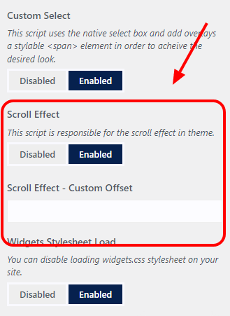 Il rilascio dell'aggiornamento OceanWP Northern Star offre una nuova opzione per disabilitare l'effetto di scorrimento uniforme incluso nel tema OceanWP o aggiungere un offset personalizzato ad esso. Questa è una schermata delle impostazioni di OceanWP Customizer che consentono agli utenti di abilitare o disabilitare lo script Effetto di scorrimento in base alle necessità o di aggiungere un offset personalizzato