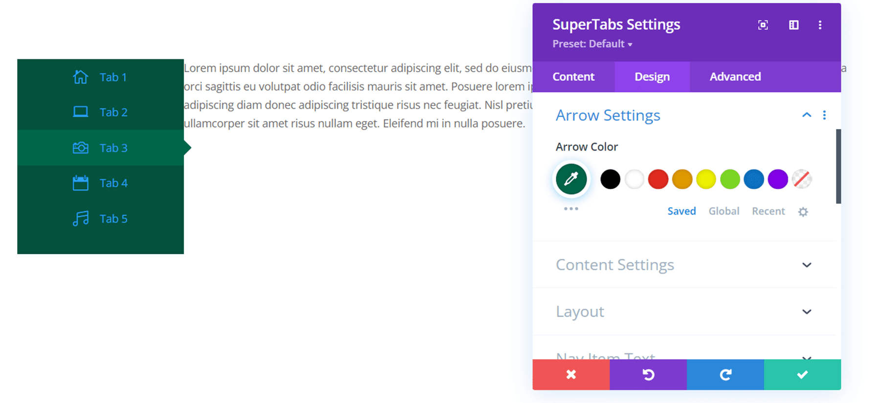 Divi プラグインは、Divi SuperTabs の矢印の設定を強調表示します