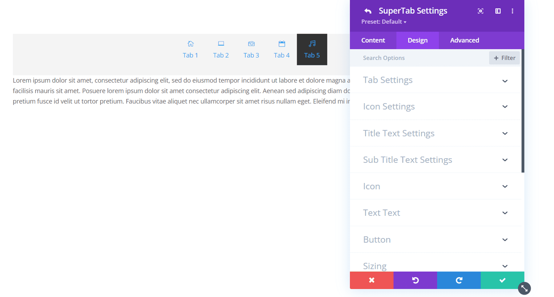 Divi Plugin Highlight Divi SuperTabs Tab Design Settings