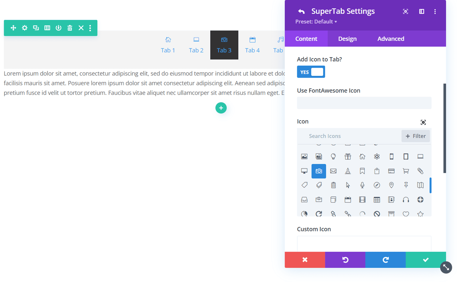 Divi 플러그인 하이라이트 Divi SuperTabs 탭 아이콘