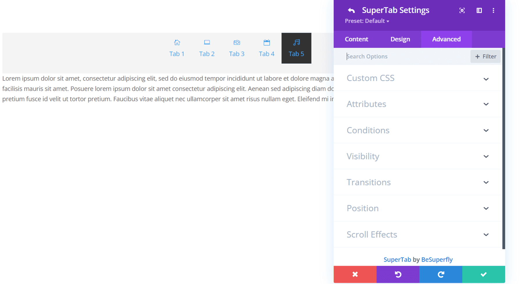 ปลั๊กอิน Divi เน้นการตั้งค่าขั้นสูงของแท็บ Divi SuperTabs