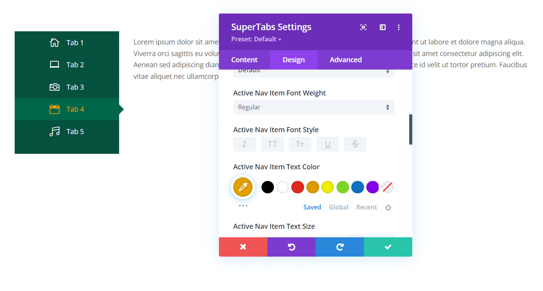 Plugin Divi Evidenzia Divi SuperTabs Colore del testo di navigazione attiva