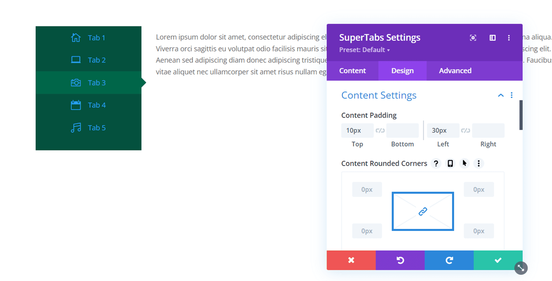 Plugin Divi Evidenzia le impostazioni del contenuto Divi SuperTabs