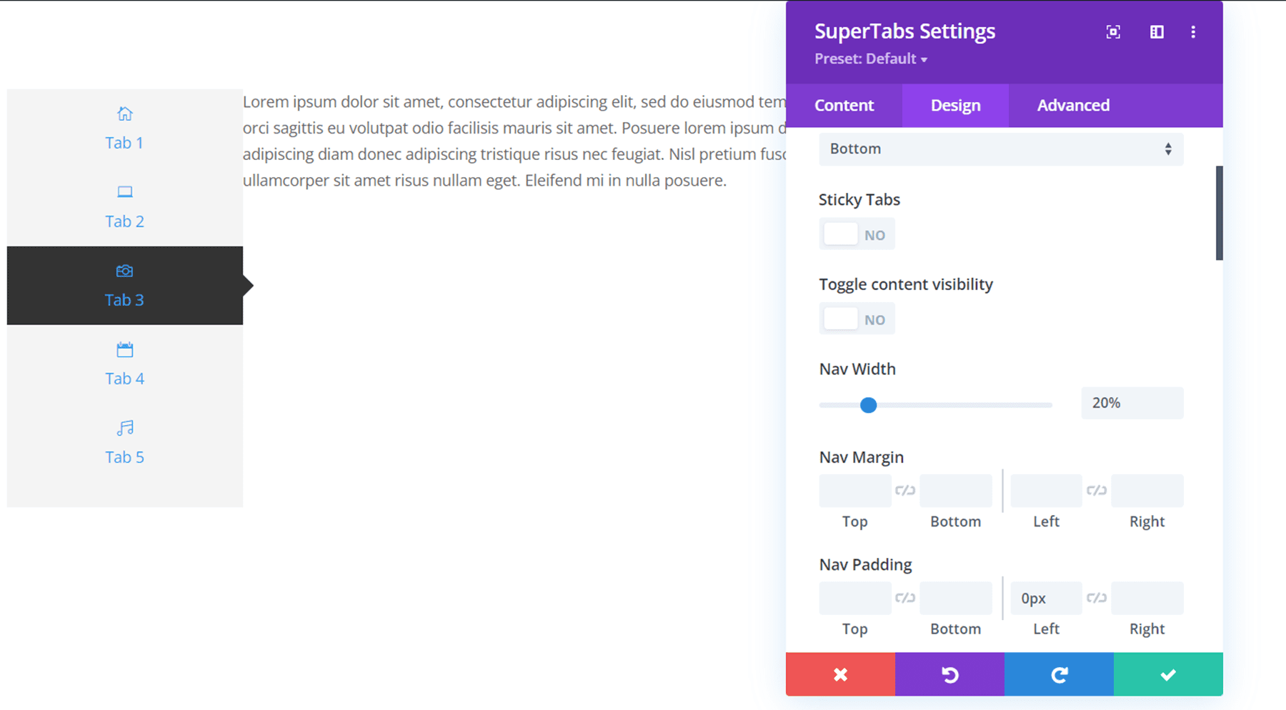 Подсветка плагина Divi Divi SuperTabs Nav Settings 2