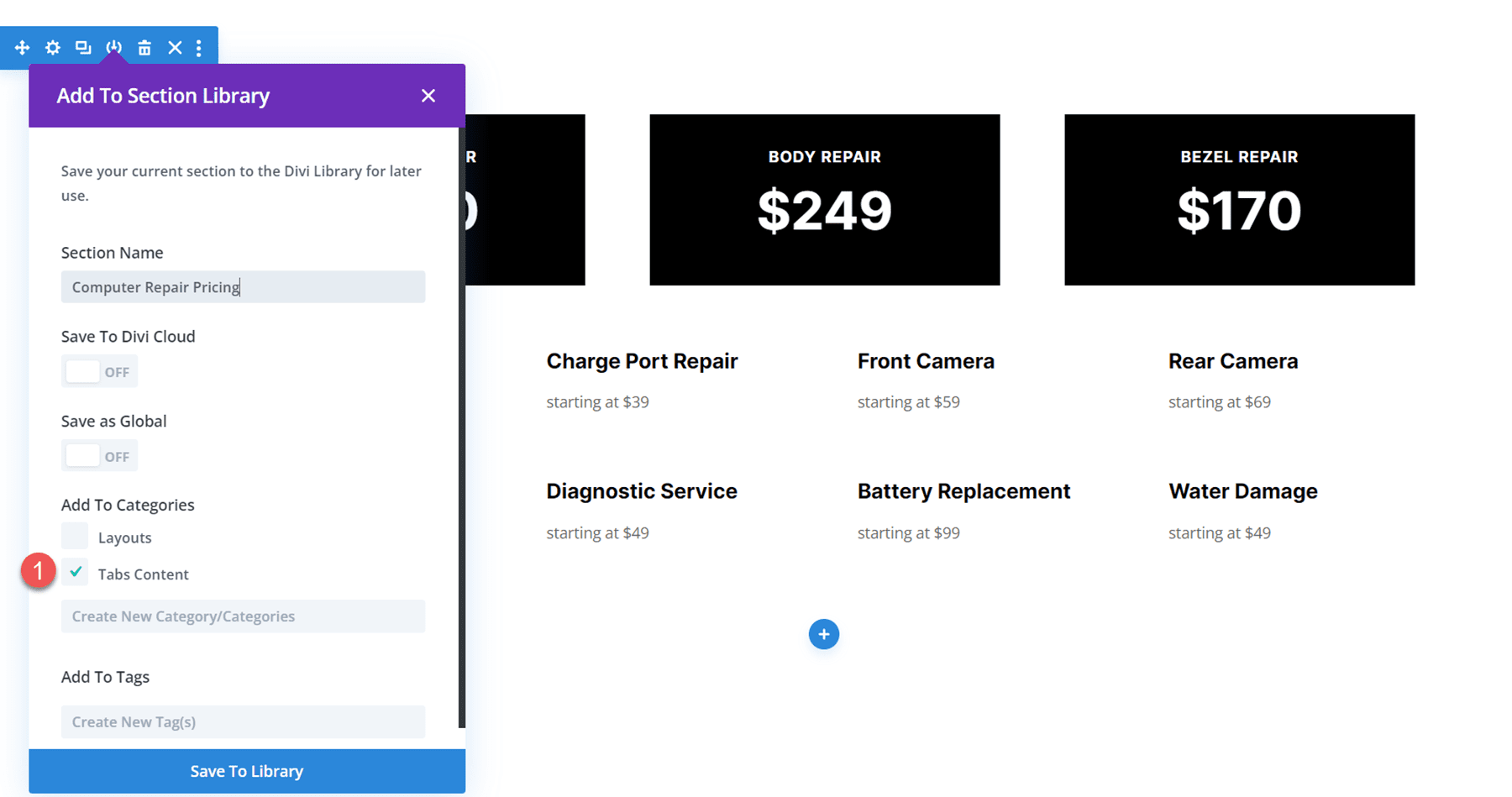 ปลั๊กอิน Divi ไฮไลต์ Divi SuperTabs เพิ่มในไลบรารี