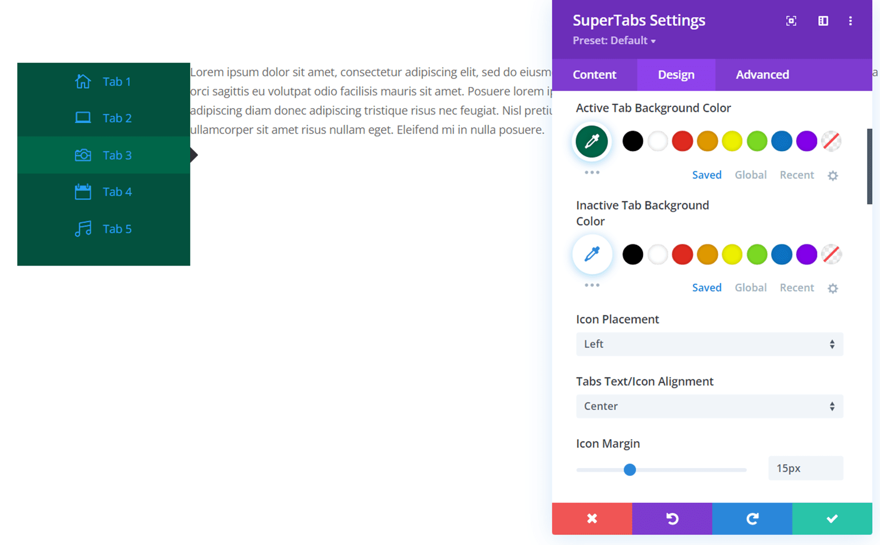 Divi プラグインは、Divi SuperTabs のアクティブなタブの背景を強調表示します