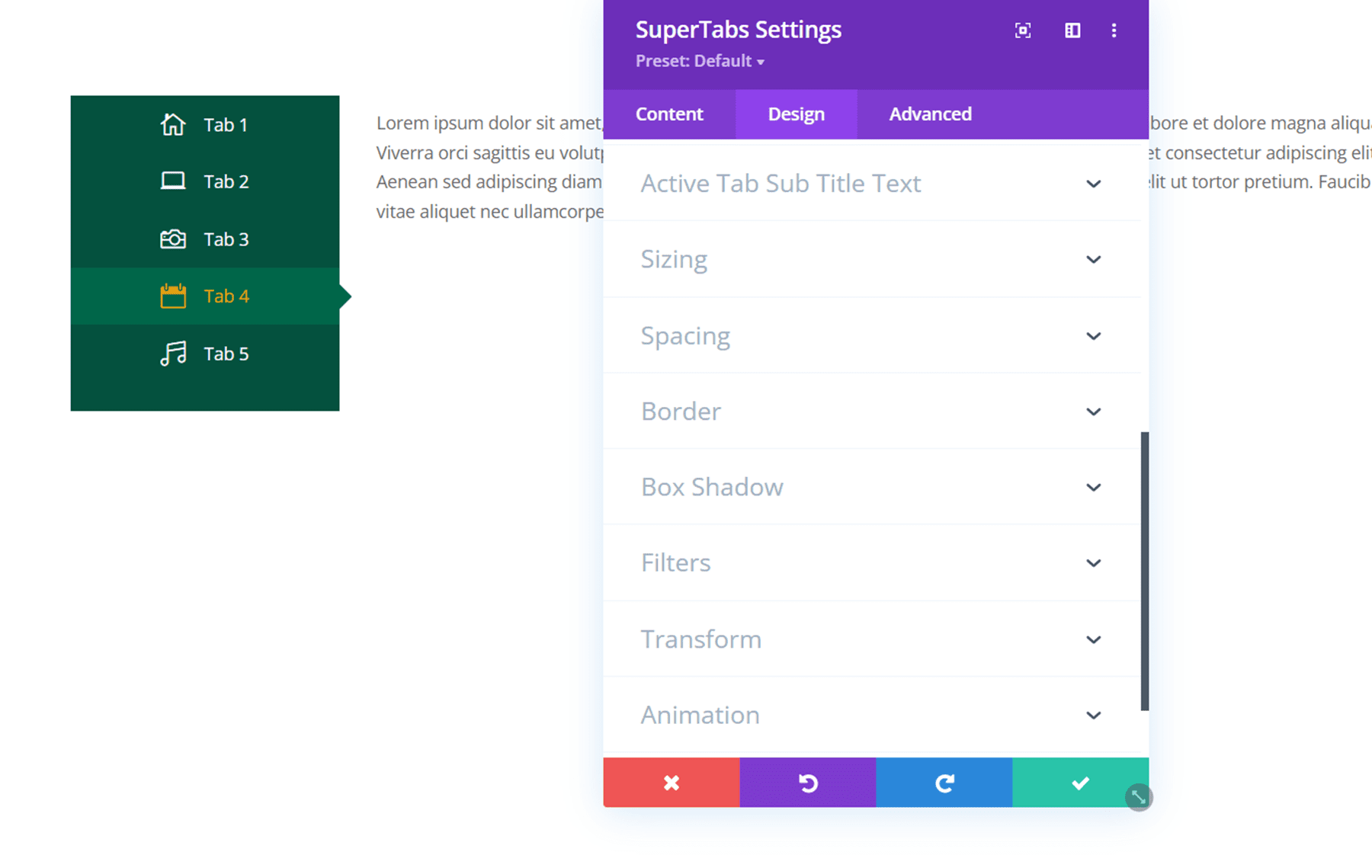 Divi プラグインは、Divi SuperTabs のデザイン設定を強調表示します