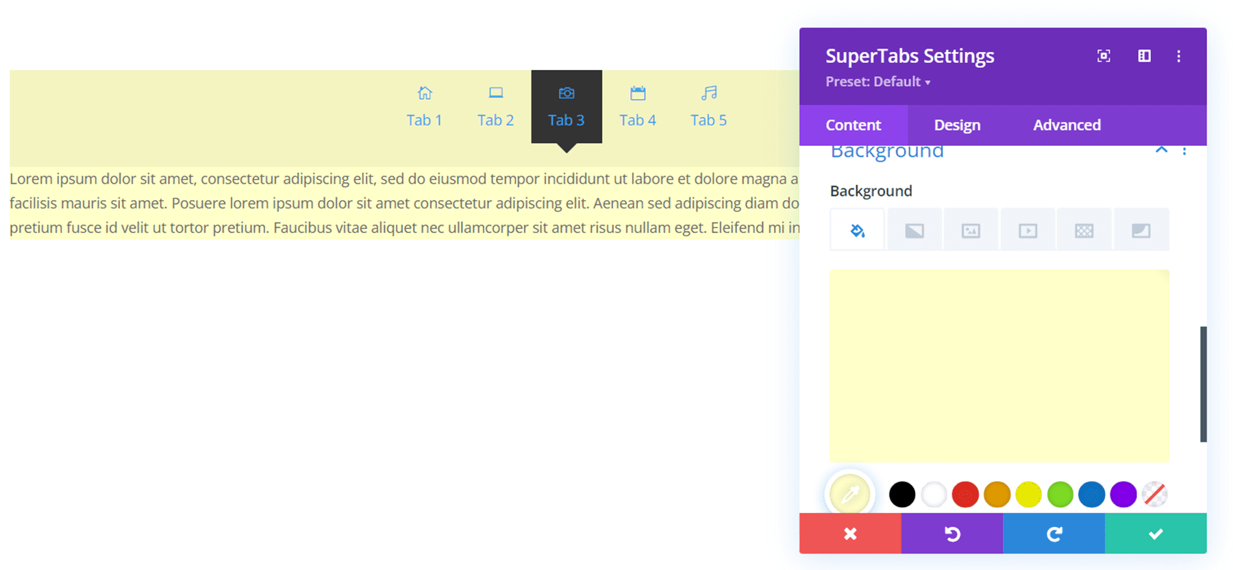 Il plug-in Divi evidenzia lo sfondo di Divi SuperTabs