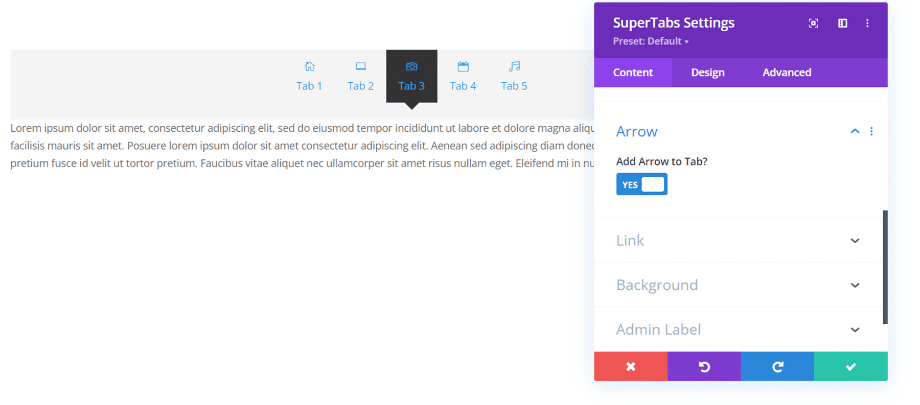 Divi プラグインは、Divi SuperTabs の矢印を強調表示します