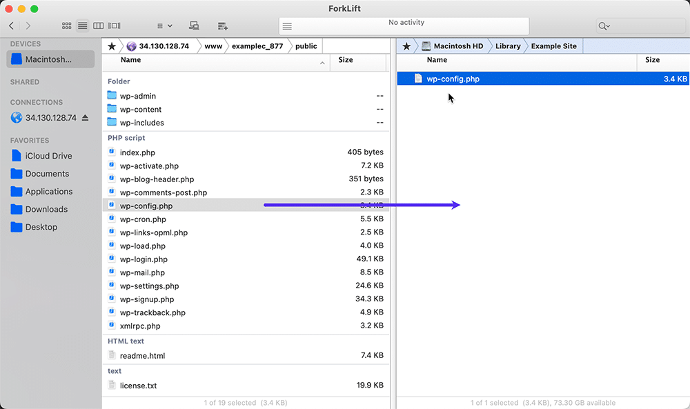 ภาพหน้าจอ: กำลังดาวน์โหลด wp-config.php ด้วยไคลเอ็นต์ SFTP