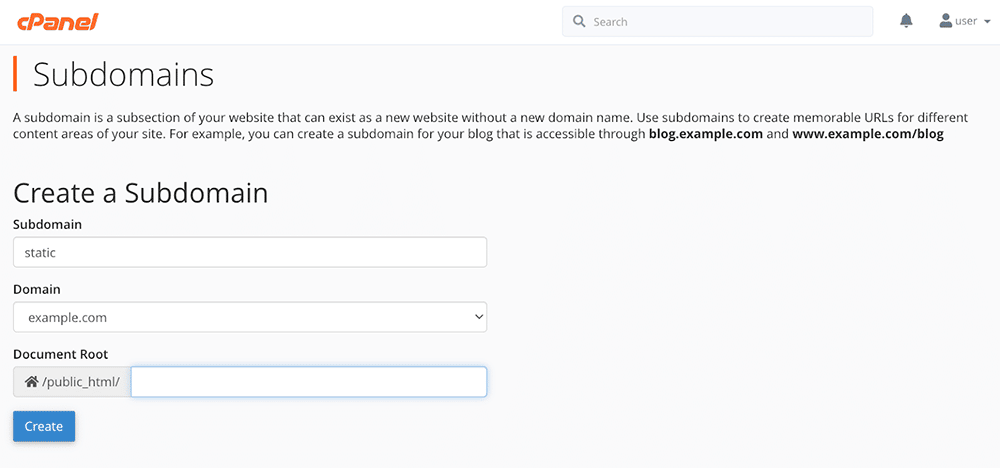 การสร้างโดเมนย่อยใน cPanel