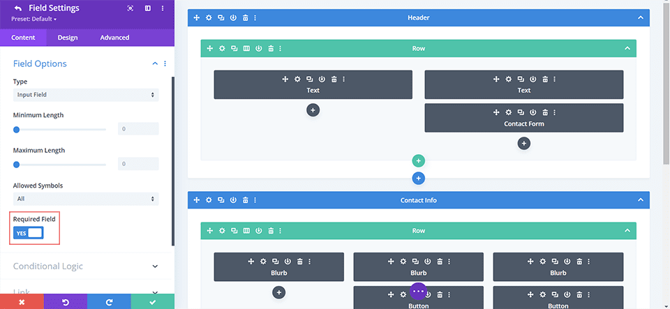 Paramétrage des champs obligatoires au sein du module Formulaire de contact Divi