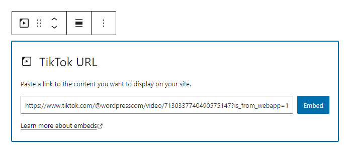 aggiungendo un URL TikTok a WordPress