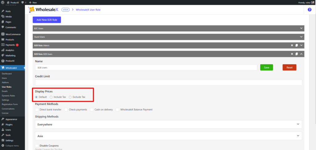 WholesaleX Tax Exemption from User Roles