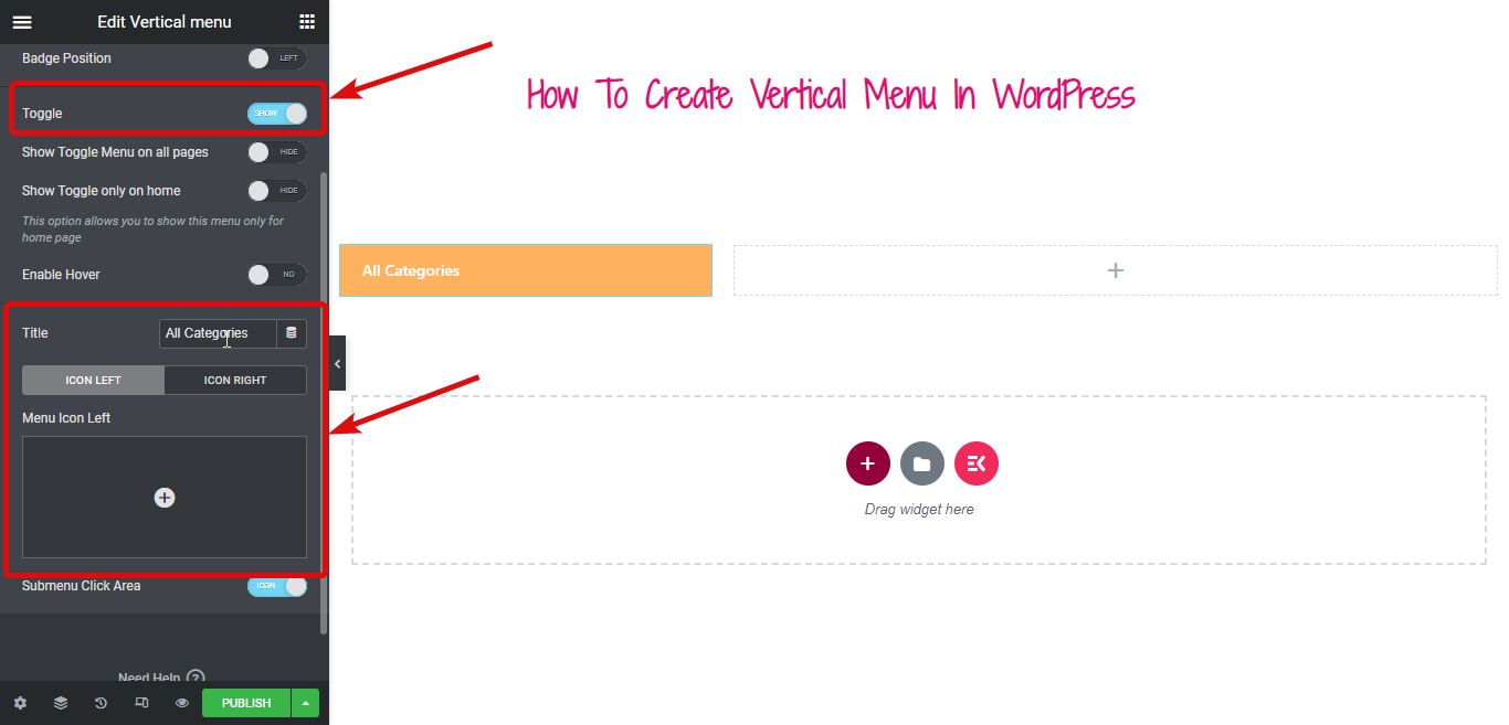 transformar o menu vertical em um passo de botão de alternância de como criar um menu vertical no WordPress