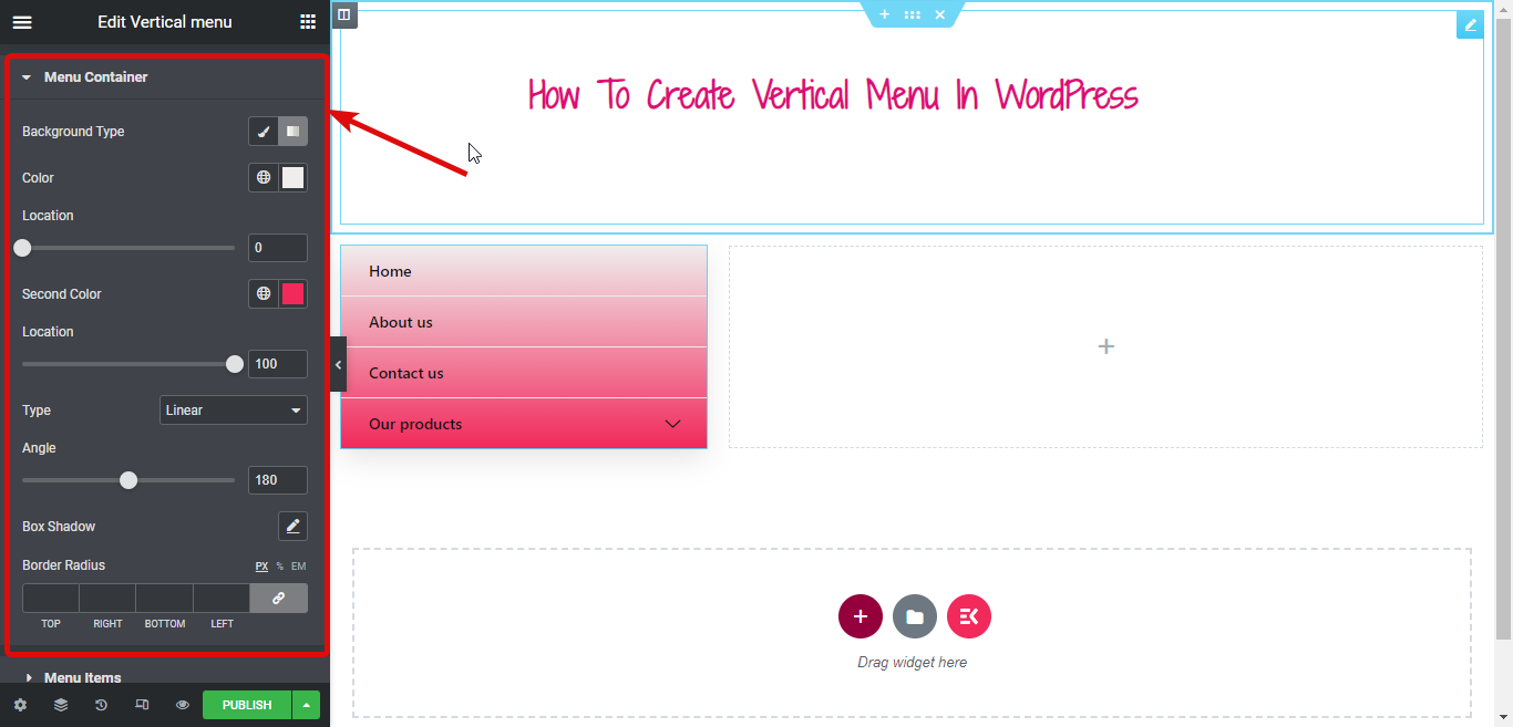 impostazioni di stile del contenitore del menu Menu verticale di WordPress