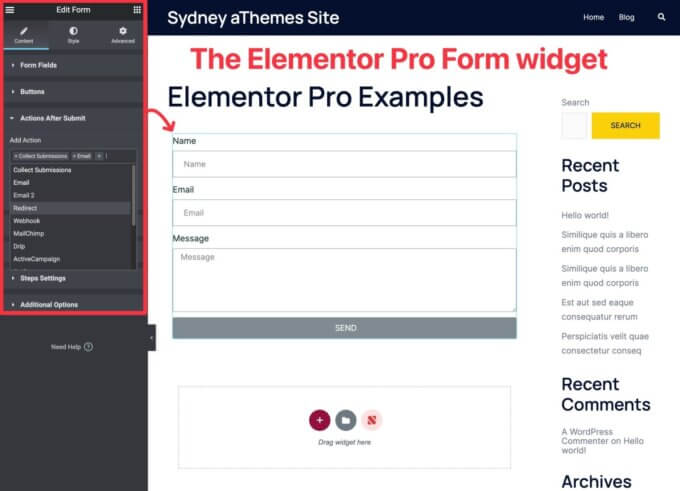 Widget de formulaire Elementor Pro