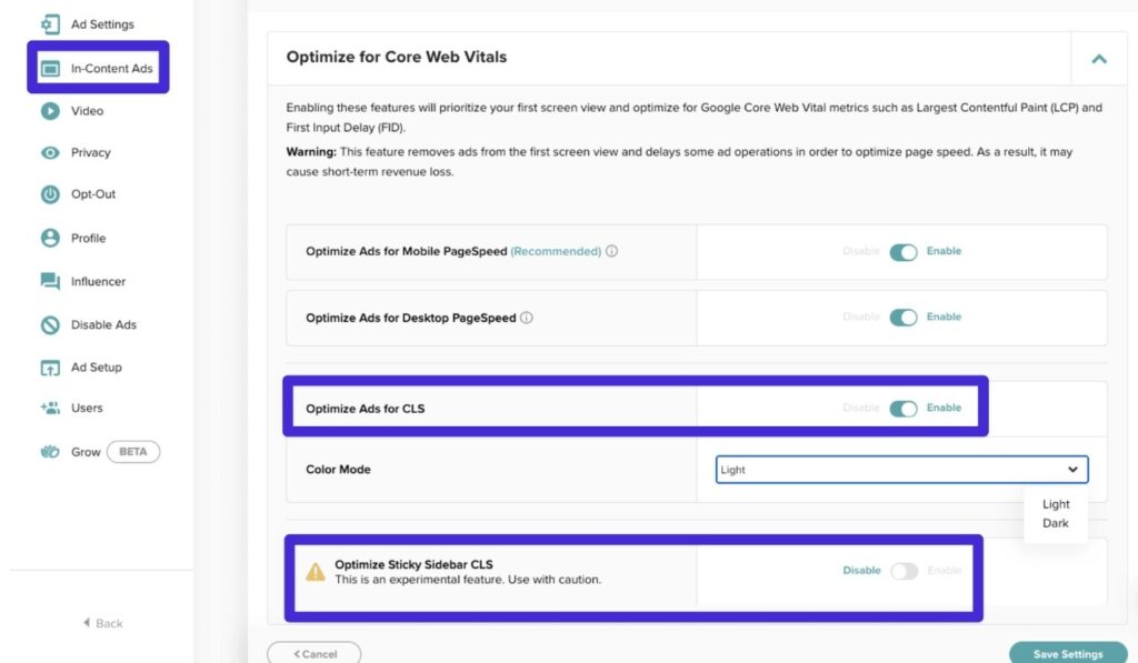 Mediavine Optimize Ads for CLS-Einstellung.