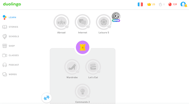 Eine Seite von Duolingo, die ein gesperrtes Level anzeigt