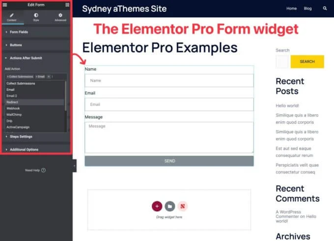 Widget pentru formular Elementor Pro