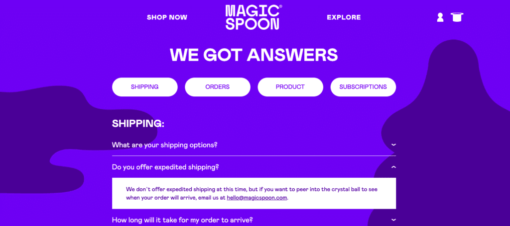 Magic Spoon'un iyi organize edilmiş SSS sayfasını gösteren ekran görüntüsü