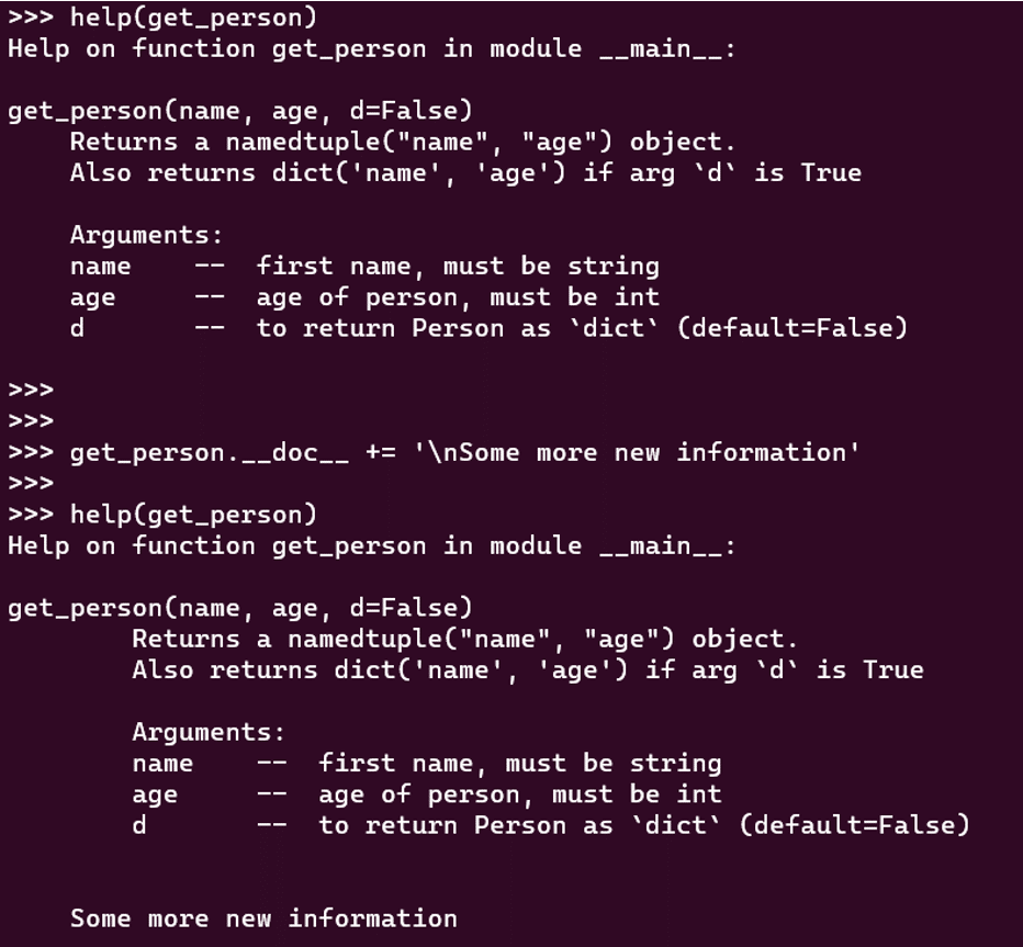 屏幕截图：在终端中解析的 Python 文档字符串注释。