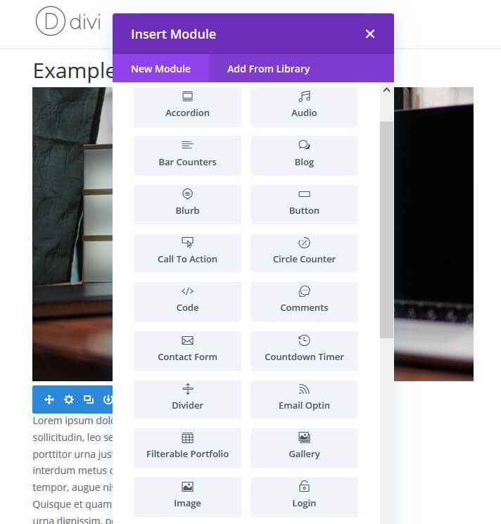 moduli di contenuto del tema divi