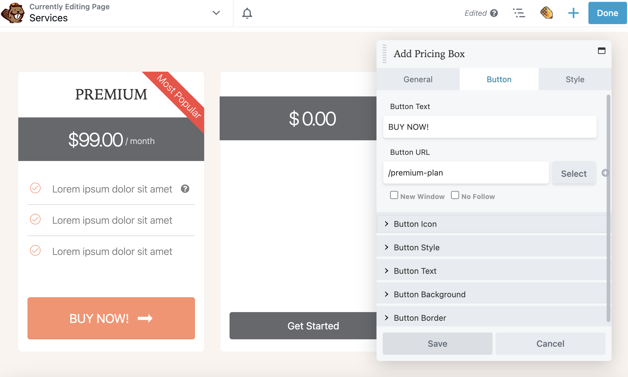 Configuración del botón del cuadro de precios de Beaver Builder